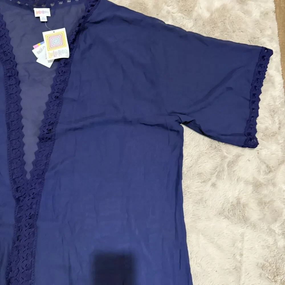 NWT‎ LuLaRoe Kimono Cardigan Navy Blue Lace Trim Open Front XL Lightweight Boho